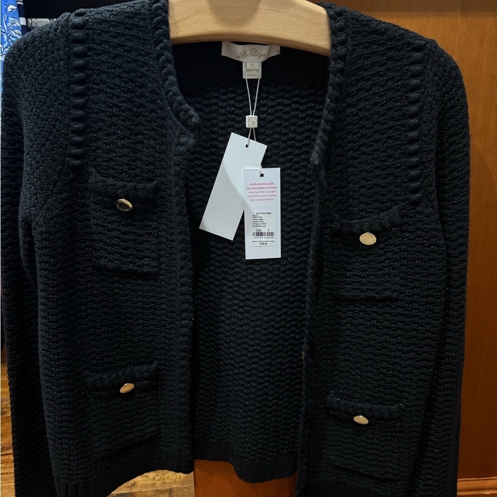NWT Lilly Pulitzer Textured Kenton Black Metallic Cardigan with Gold Accents